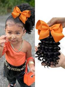 1pc Cute Girl Braided Ponytail Wig, Synthetic Hair Extension With Bow Decor Ribbon, Detachable & Reusable, Ideal Gift (Bow Color Options: Orange, Blue, Yellow, Red, Pink, Turquoise, Light Purple), Halloween - Black - View 8