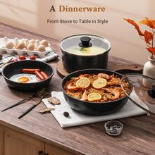 15pcs Nonstick Cookware Set - Induction Compatible Granite Coated Pots & Pans Kit With Frying Pans, Kitchen Cooking Set With Stay-Cool Handles,Non Stick Cooking Set With Frying Pans Set & Saucepan, Black,Christmas Gift,Holiday Cooking,Christmas Dinner - 黑色 - 查看 7