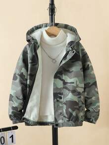 Tween Boy 夹克 2025 新款秋冬保暖内衬酷绿迷彩长袖拉链连帽外套 - 綠色 - 查看 1