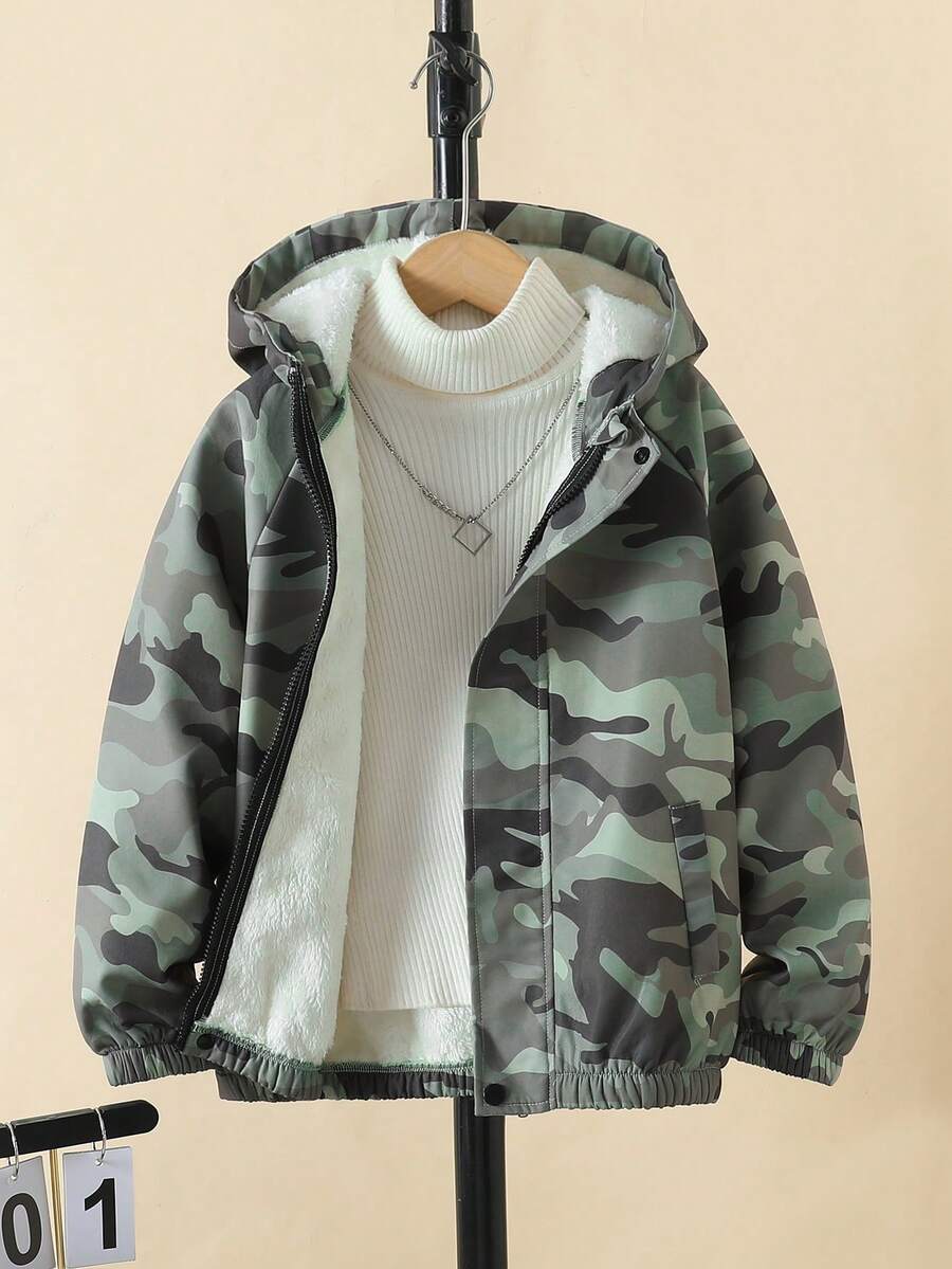 Tween Boy 夹克 2025 新款秋冬保暖内衬酷绿迷彩长袖拉链连帽外套 - 綠色 - 查看 1