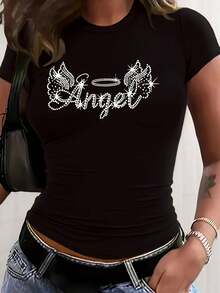 Camiseta de Manga Corta Ajustada para Mujer con Estampado de Alas y Letras de Ángel Y2K - Cuello Redondo , Casual para Primavera/Verano, Lavable a Máquina, Tops Bonitos de Manga Corta, Diseño Angelical, Ajuste Cómodo - Negro - Ver 2