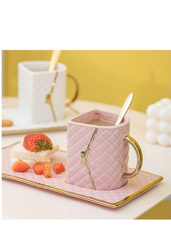 Ins Style Gold Rim Rhombus Ceramic Cup & Saucer Set With Spoon, Creative Coffee Cup, Home Breakfast & Afternoon Tea Mug