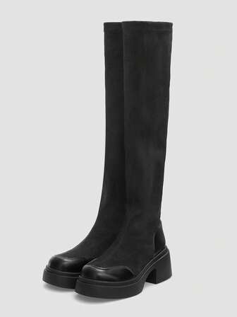 Women's Retro Thick Sole Slip-On Over-The-Knee Boots, European Style Cool Street Fashion Daily Commute Black Fabric Riding Boots
