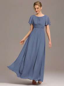 Women's Elegant Crew Neck Empire Waist Pleated Chiffon Maxi Bridesmaid Dress Formal Dress - Dusty Blue - View 6