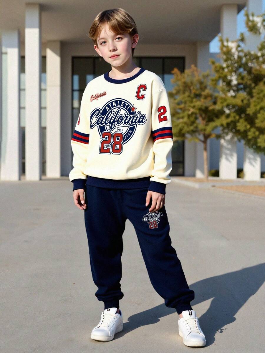 Set de 2 piezas: Sudadera con cuello redondo y estampado de letras casual + Pantalones con cordón para niños, conjunto de ropa deportiva de moda para adolescentes, primavera/otoño/invierno