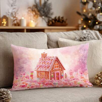 1pc Christmas Town Snowy Landscape Cushion Cover, Single-Sided Printed Soft Peach Velvet Material, 30*50cm/40*60cm Pillow Case Suitable For Indoor Decor, Party Decor, Decorative Pillow Cover Gift