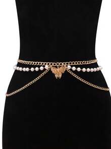 Elegant 1pc Fashionable Simple Style Gold Toned Metal Multi-Layered Waist Chain For Women, Perfect For Matching With Dresses, Faux Pearl Chain Body Chain Halloween Summer, School Fall, Autumn, Halloween - Gold - View 13