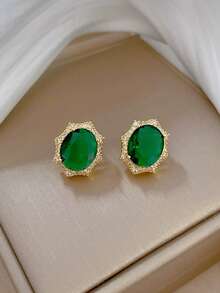 Bộ trang sức cổ điển gồm dây chuyền và bông tai đính đá hình oval ngọc lục bảo, thanh lịch dành cho nữ, thích hợp cho các bữa tiệc, đeo hàng ngày và các lễ hội. - màu xanh lá - Xem 4
