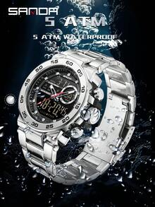 Đồng hồ điện tử nam SANDA 6296 thời trang mới, đồng hồ thể thao đa chức năng chống nước mặt lớn ba kim. - Bạc - Xem 2