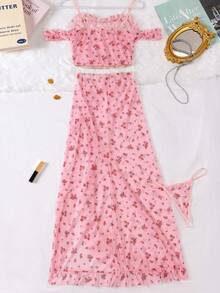 3pcs New Mesh Floral Print Lingerie Set Including Sheer Top, Long Dress, And Shorts - Pink - View 12