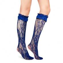 Benefeet Sox Lace Knee High Socks Women Girls Patterned Mesh Fishnet Knee High Stockings Hollow Calf Lolita Sock{"Color_name":"RoyalBlue-LaceRuffleFloralPattern"} - 皇家藍色蕾絲荷葉邊花卉圖案 - 查看 9