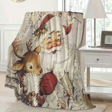 GEL HUT MUN Comfortable Christmas Flannel Blanket - Vintage Santa Claus And Reindeer Design, Soft And Warm, Suitable For Sofa, Bed, Office, All Season Low Allergy Gift Blanket