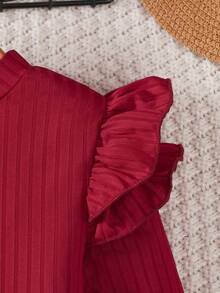 2pcs/Set, Ruffle Trim Long Sleeve Top + Tweed Knit Skirt - Spring/Autumn Outfit, Girls Set, Gift, Teen Clothing - Red - View 5