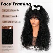 Aopusi Curly Wig With Bangs 210% Density Glueless Wig With True Scalp 100% Curly Human Hair Wig Pre-Bleached Natural Black Wig 18inch - Natural Black - 查看 3