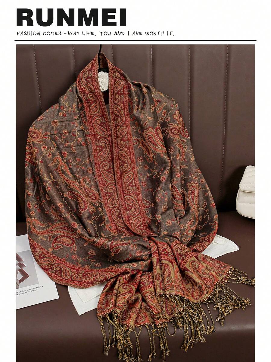 1件女士时尚保暖腰果图案印花围巾，经典佩斯利花纹头巾和披肩，可搭配长袍和连衣裙