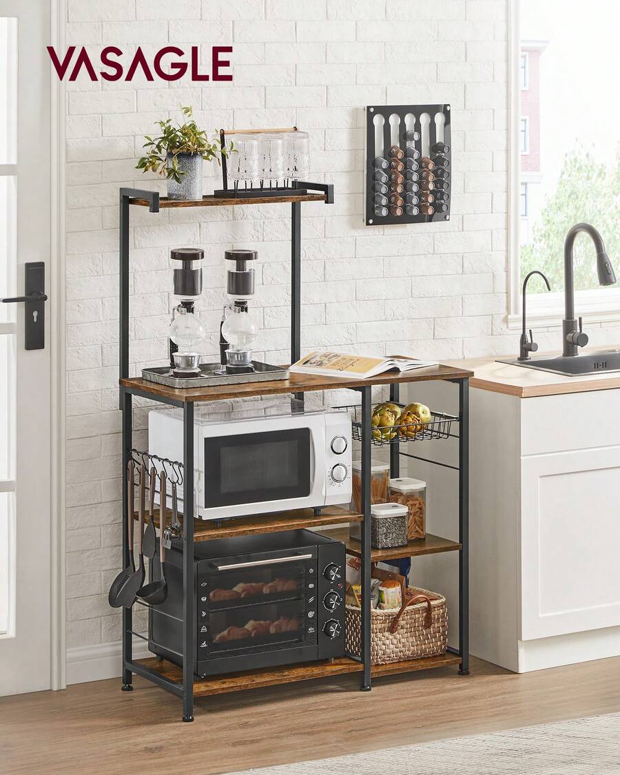 Baker Rack With Shelves, Microwave Stand With Wire Basket, 6 S-Hooks, Kitchen Shelf, Utility Storage For Spices, Pots, And Pans, Rustic Brown - Brown - View 1