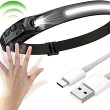 LED Headlamp Rechargeable, 230°Wide Beam & Spotlight Head Lamp With Red Light, Lightweight Adults Headlamps Motion Sensor 6 Modes For Outdoor Running, Camping, Hiking - 黑色 - 查看 1