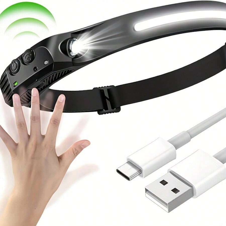 LED Headlamp Rechargeable, 230°Wide Beam & Spotlight Head Lamp With Red Light, Lightweight Adults Headlamps Motion Sensor 6 Modes For Outdoor Running, Camping, Hiking - 黑色 - 查看 1