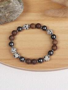 Men's Hematite Protection Bracelet 8mm Dalmatian Jasper & Wooden Beads Vintage Jewelry For Women Men, Emotions Balance, Absorb Negative Energy