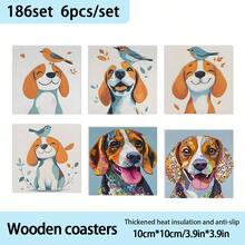 1 set/6 piezas Posavasos cuadrados de madera con diseño de Beagle feliz - Posavasos decorativos para tazas de café, bebidas, vino, cerveza para el hogar, bar, restaurante, perfectos para fiestas, bodas, cumpleaños - Tabla de madera-posavasos cuadrada - Ver 9