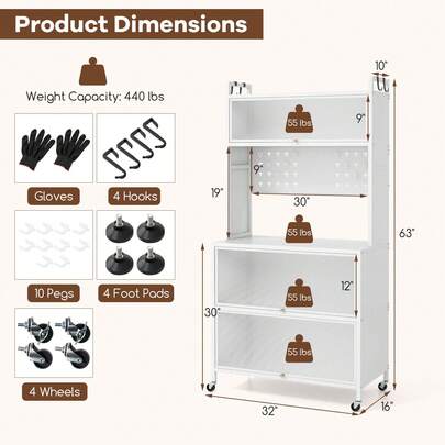 5 Tier Kitchen Bakers Rack With Flip Door Cabinets Pegboard & Hooks