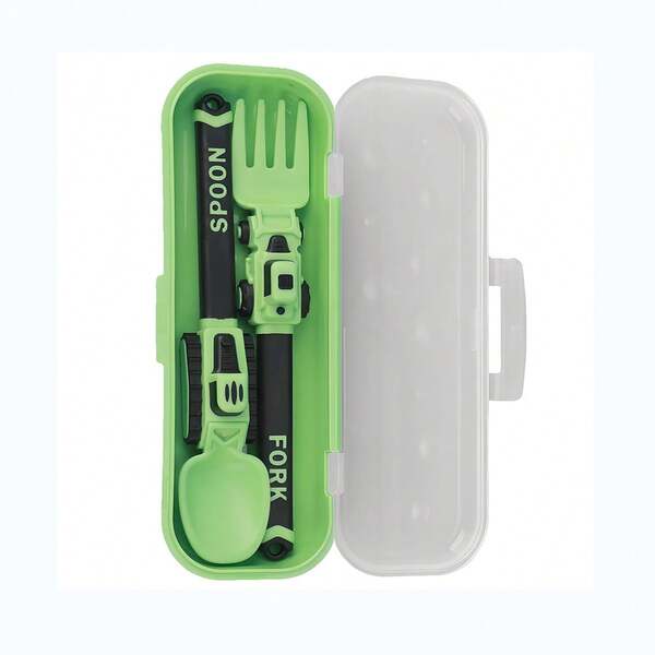 Construction Toddler Utensils - Reusable Plastic Toddler Cartoon Fork And Spoon & Storage Case - Suitable For Kids Utensils - Christmas Gifts And Birthday Gifts