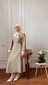 DAZY Vestido de manga larga para mujer con cuello de corbata fluido, vestido de otoño de moda modesta, vestido largo - Albaricoque - Ver 4