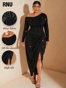 RNU 大码女士优雅闪亮金属纱线高弹针织面料垂肩荷叶边装饰高开衩收腰派对鸡尾酒会婚礼宾客礼服 - 黑色 - 查看 2