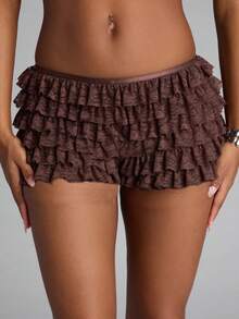 Women's Y2K Ruffle Micro Bloomers Shorts Cute Fluffy Elastic Waist Ruffle Lace Mini Shorts Booty Coquette Boyshorts - 棕色 - 查看 1