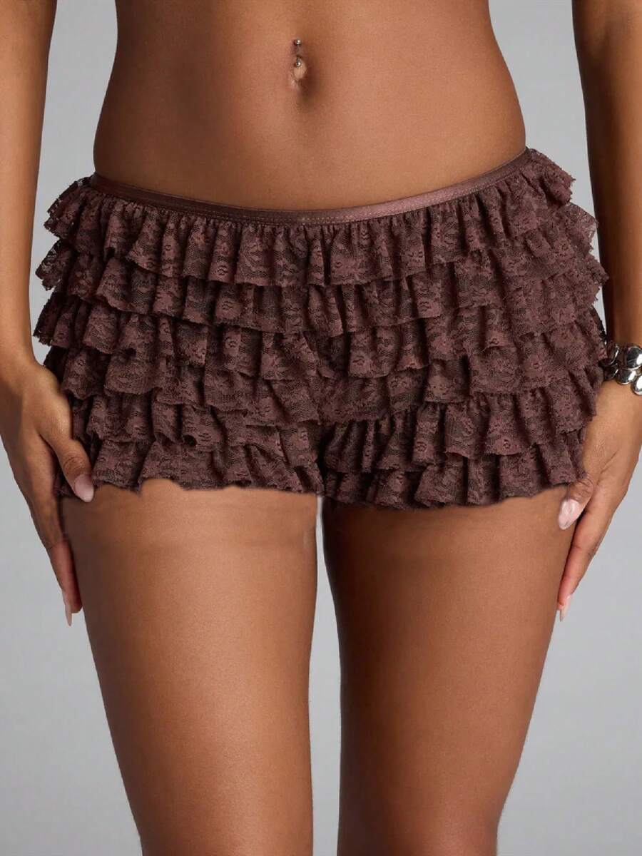 Women's Y2K Ruffle Micro Bloomers Shorts Cute Fluffy Elastic Waist Ruffle Lace Mini Shorts Booty Coquette Boyshorts - 棕色 - 查看 1