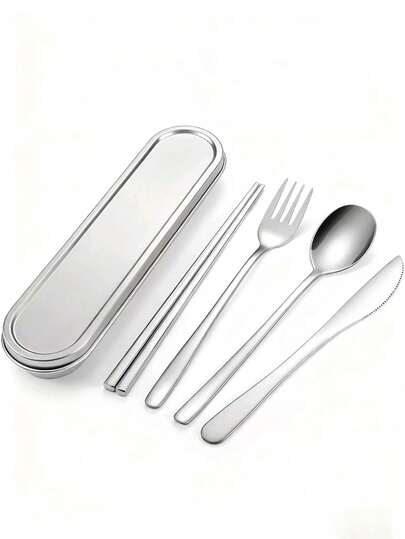 Set di posate da viaggio, posate in acciaio inossidabile 304, set di posate riutilizzabili con scatola, lunch box portatile in argento adatto per campeggio e ufficio