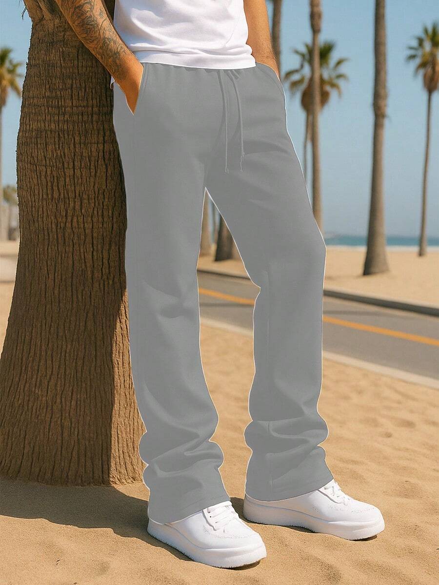 Mens Casual Solid Stacked Track Pants Zipper Pockets Polyester Spandex - 灰色 - 查看 1