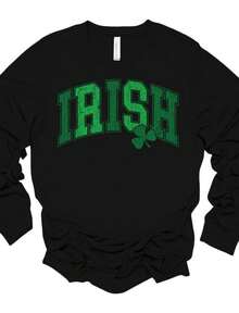 Retro Irish Clover Long Sve Tee - St Patrick's Day Uni Shirt - 黑色 - 查看 1