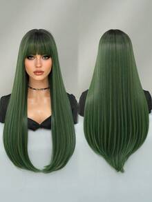 NAMM 28Inch Extra Long Straight Green Wigs For Women Gorgeous Nature Looking Wigs With Full Bangs,High Density Fluffy Synthetic Heat Resistant Fiber Hair,Goth Costume Wig For Anime Cosplay Wear, Music Festival Party Use - 軍綠色 - 查看 4