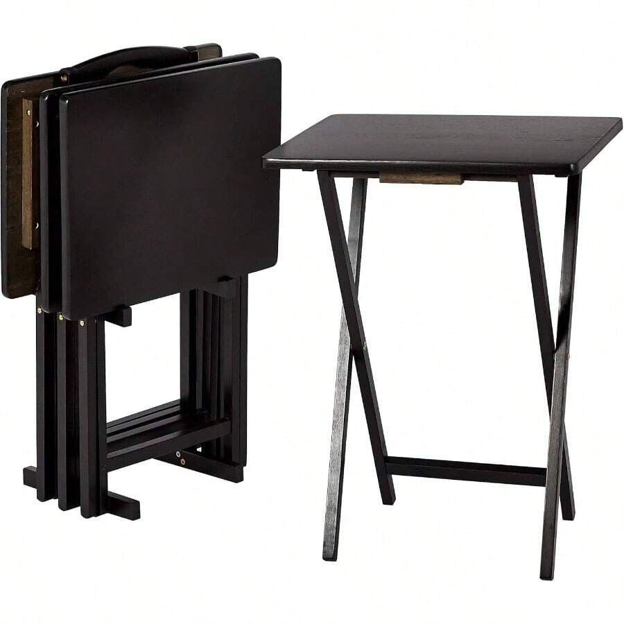 Portable TV Dinner 4 - Pack Rectangular Folding Tray Table With Storage Rack, Black, 15x 19x 26 - 黑色+4件裝 - 查看 1