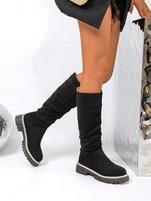 Women's Thick Sole Increased Height Riding Boots, High Shaft Slim Fit Tall Boots For Autumn/Winter - Black - View 3
