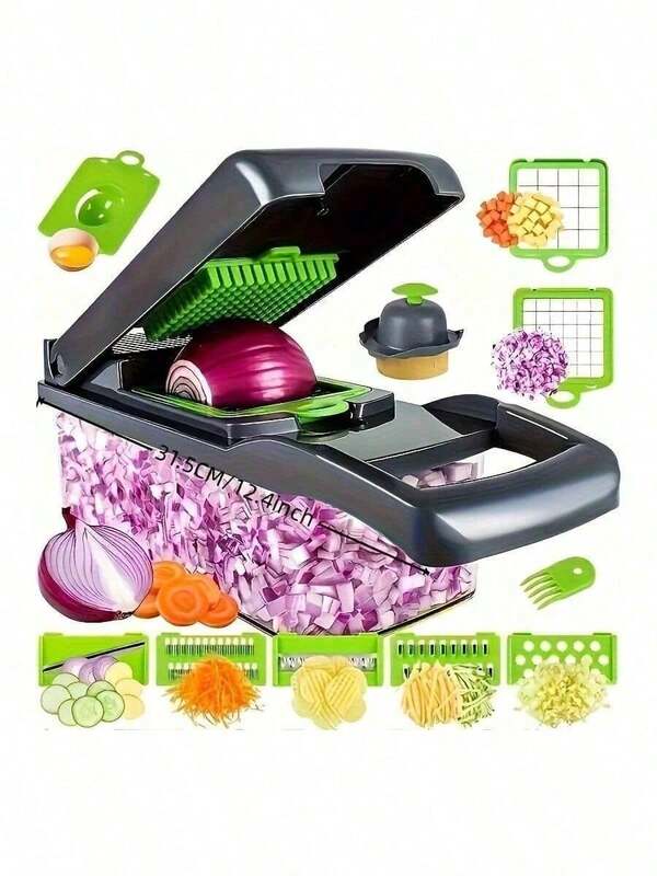 1 Gemüsehackmaschine für Zwiebeln, multifunktionale Schneidemaschine, Zubereitungswerkzeug, Zwiebelschneider mit Abtropfkorb, Karotten-Knoblauch-Schneider mit Behälter, Küchenhelfer, Küchenausstattung, geeignet für Zuhause/Restaurant zur schnellen Zubereitung