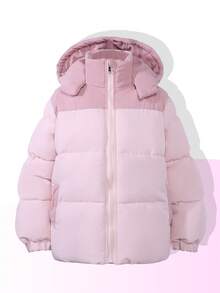 Tween Girl Casual Patchwork Long Sleeve Zip-Up Hooded Winter Jacket - Baby Pink - View 2