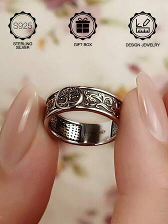 1 件 S925 纯银休闲装饰生命之树蜂巢戒指，适合女性和男性日常装饰，情人节、复活节、万圣节、婚礼礼物，附赠礼品盒