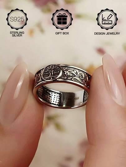 1 件 S925 纯银休闲装饰生命之树蜂巢戒指，适合女性和男性日常装饰，情人节、复活节、万圣节、婚礼礼物，附赠礼品盒