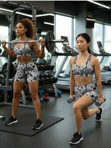 Shorts And Top Sets Gym Clothes Fit Shorts Women's Gym Fashion Workout Printed - Đen và trắng - Xem 3