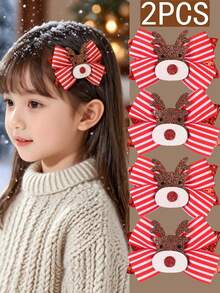2 spinki do włosów w stylu świątecznym dla dziewczynek, lśniący brokat w czerwono-białe paski z motywem łosia, urocze i klasyczne dodatki do włosów na festiwal
