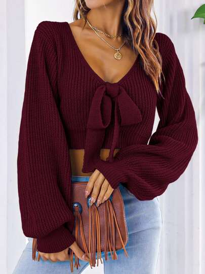 Suéter feminino Y2K com gravata borboleta e decote em V, cropped, manga comprida, outono inverno, blusa de malha lisa