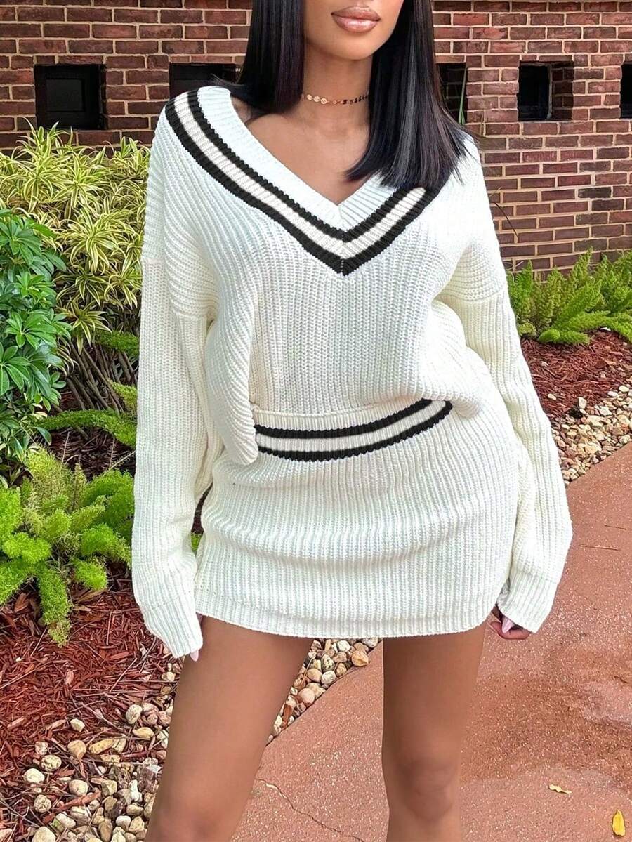 Women's Autumn/Winter Contrast Stripe Ribbed Drop Shoulder Long Sleeve Sweater And Knit Midi Skirt Set - White - View 1