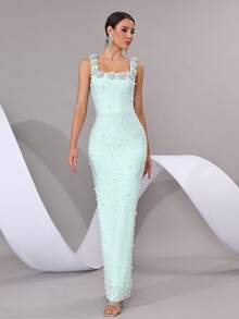 Nuevo vestido elegante de gala con cuello cuadrado, tirantes de espagueti y espalda descubierta, con decoración floral 3D hecha a mano, con perlas y cristales brillantes, vestido de vendaje maxi para mujer, adecuado para fiesta de cumpleaños, cena formal, carnaval, Pascua - Celeste - Ver 4