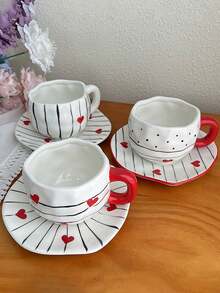 1 Juego de taza y platillo con patrón asimétrico de línea de corazón, taza de café y platillo, taza para arte de latte, taza de té de la tarde, taza vintage de avena y leche para el desayuno, regalo para fiestas, regalo de cumpleaños