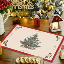 1/4/6/8/12 Stücke bunte Weihnachtsbaum Muster Leinen Tischsets, waschbare bedruckte Tischmatten, Oberflächenschutzmatten, Innen- und Außenbereich Tischsets, geeignet für Feierlichkeiten, Küche & Esszimmer - Verschiedenfarbig - Übersicht 10