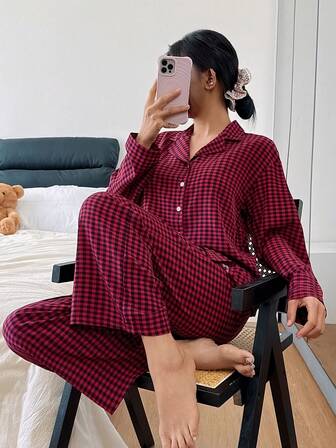 Nina Bonheur 2pcs Women Plaid Button Front Long Sleeve Lounge Set , Cute Top And Elastic Waist Pants, Cozy Outfit, Fall Winter Clothes, Christmas