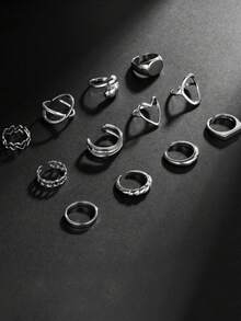 12 PCS Multi-Piece Fashion Versatile Silver & Gold-Toned Geometric, Heart & Twisted Detail Ring Set - Stackable Styles For Daily & Occasion