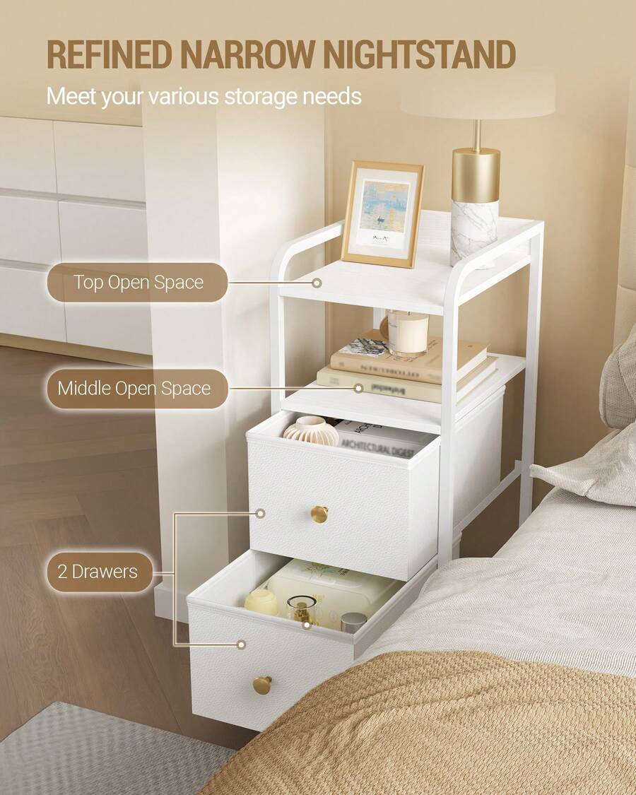 HEXCELEN Bedside Table, Narrow Side Table With 2 Drawers, Narrow Bedside Table With Open Compartment, Space-Saving, Bedside Cabinet For Bedroom, Living Room, 35 X 27 X 60 Cm, White - trắng - Xem 1